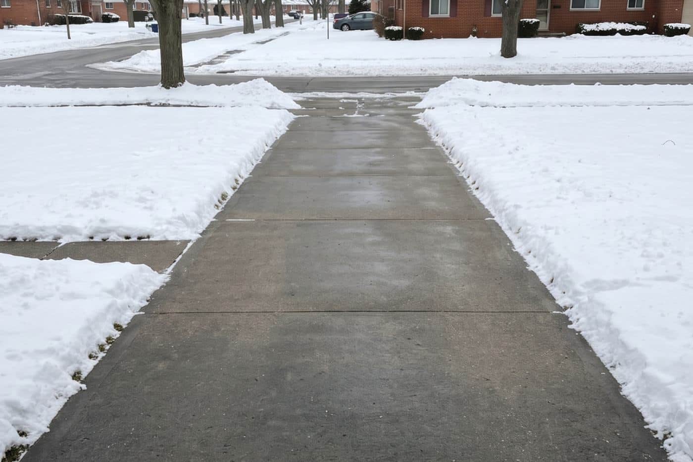 Cleared and salted front walkway running out to the street after a Michigan snowfall