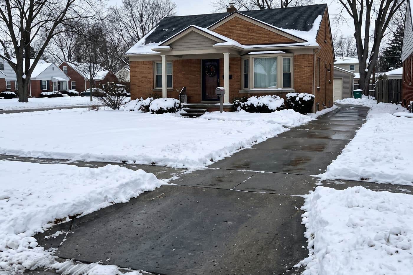Fully cleared driveway, apron and sidewalk at a brick home in metro Detroit