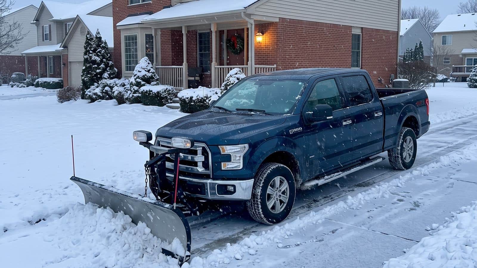 Plow truck clearing a residential driveway during a snowstorm in metro Detroit